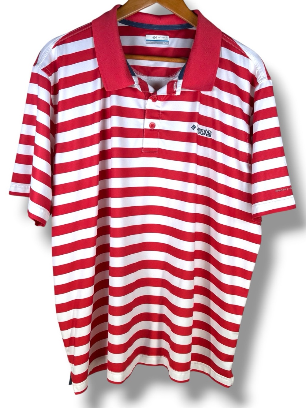 Columbia PFG Performance Fishing Gear Red & White Striped Omni Shade Polo in XL